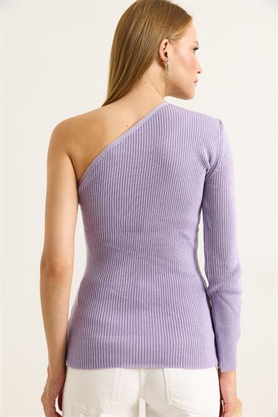 Tek Omuz Kolu Detaylı Fitilli Bluz Lila
