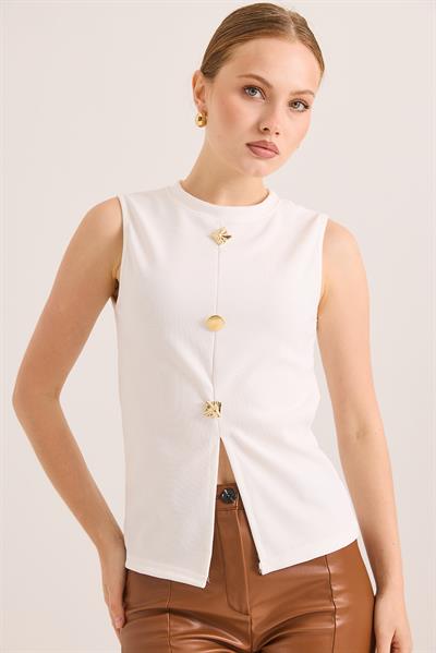 Bisiklet Yaka Gold Düğmeli Ottoman Fitilli Bluz Beyaz