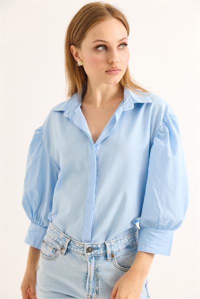 Balon Kol Bol Kesin Kadın Gömlek Mavi