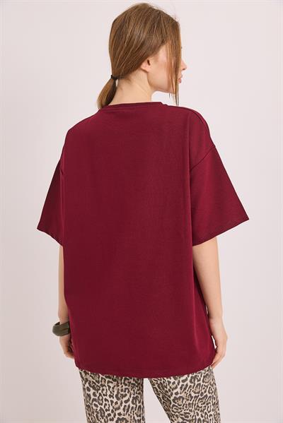 Mom Nakışlı Oversize İki İplik Tshirt Bordo