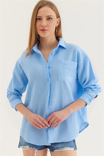 Uzun Kollu Oversize Gömlek Mavi