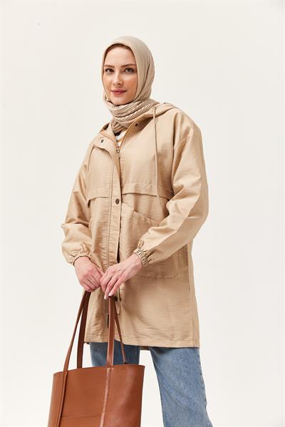 Çıtçıtlı Kapüşonlu Yağmurluk Bej
