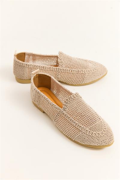 Örgü Tasarım Kadın Babet Ayakkabı Krem