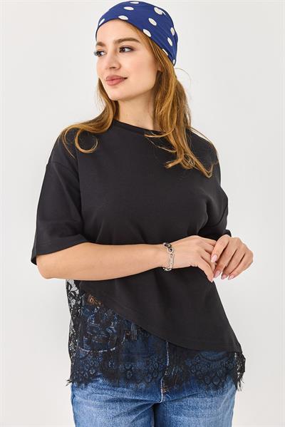 Bisiklet Yaka Dantel Detaylı Şık Tshirt Siyah
