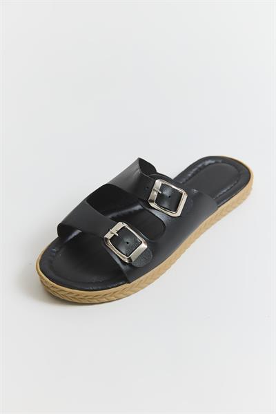 Çift Tokalı Yumuşak Taban Kadın Terlik Siyah