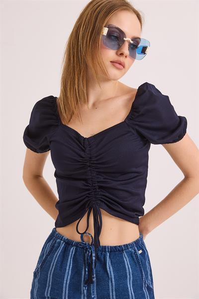 Desenli Prenses Kol Önden Büzgülü Bluz Lacivert
