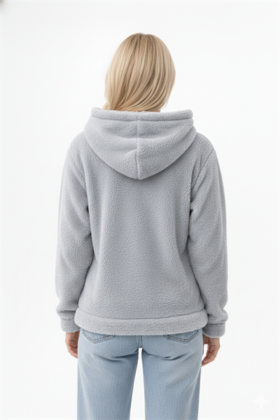 Kadın Kapüşonlu Welsoft Uzun Kollu Siyah Açık Gri