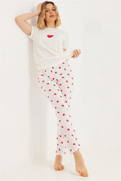 Baskılı Kısa Kol Pijama Takım Beyaz