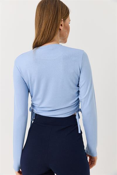 Yanları Büzgülü Uzun Kollu Mavi Bluz 