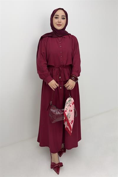 Kadın İp Kuşaklı Etekli İkili Takım Bordo