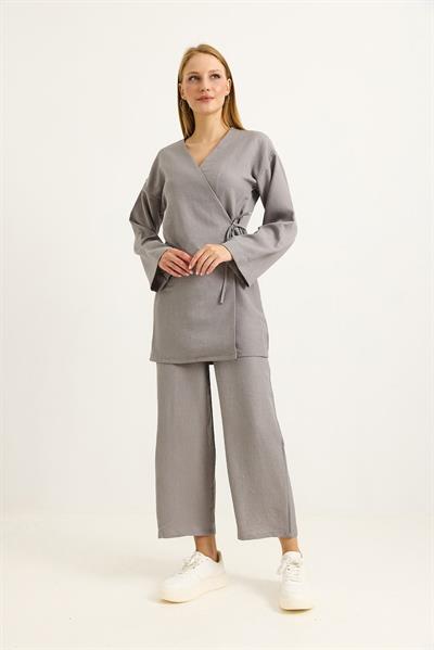 Yandan Bağlamalı Kimono Pantolon İkili Takım Gri
