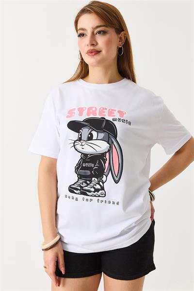 Kadın Baskılı Bisiklet Yaka Kısa Kol Tshirt Beyaz