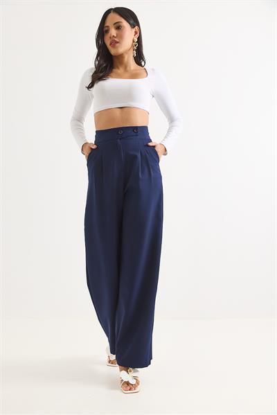Yüksek Bel Bol Paça Çift Düğmeli Pantolon Lacivert