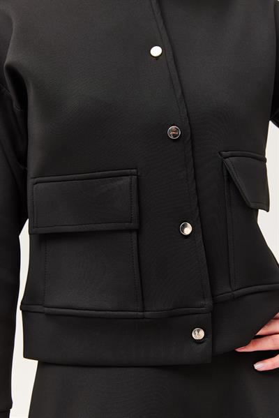 Metal Düğmeli Etekli Scuba İkili Takım Siyah 