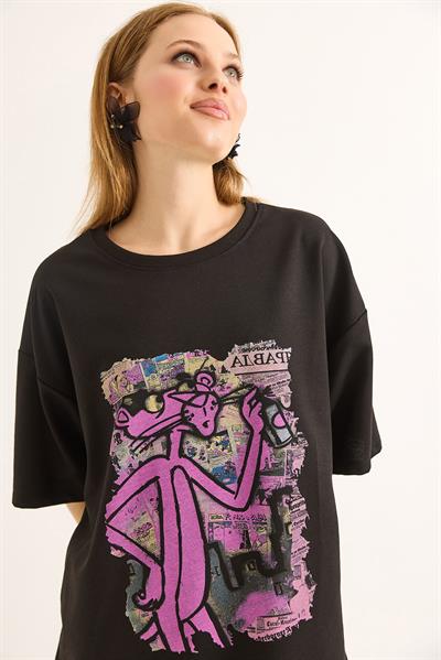 Baskılı Oversize Kesim Kadın Tshirt Siyah