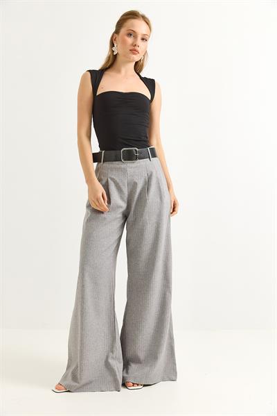 Keten Karışımlı Palazzo Pantolon Gri