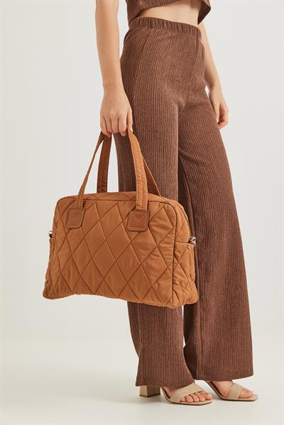 Kapitone Kumaş Cüzdanlı  El Ve Omuz Çantası Taba