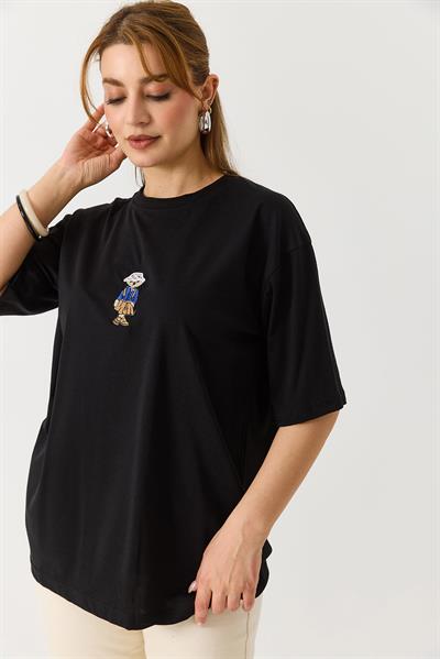 Kadın Ayıcık Figürlü Bisiklet Yaka Oversize Tshirt Siyah