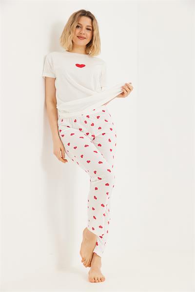 Baskılı Kısa Kol Pijama Takım Beyaz