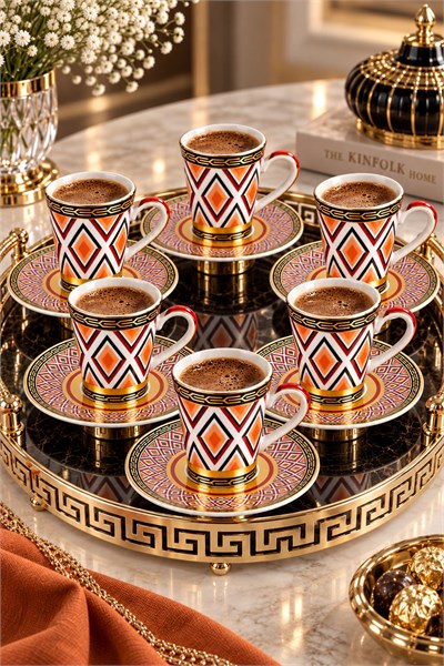 6lı Geometrik Desenli Tabağı İçe Geçmeli Fincan Takımı Turunuc