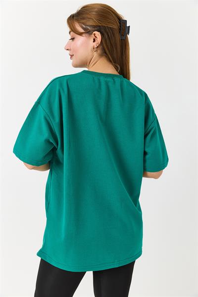 Kadın Bisiklet Yaka Baskısız Düz Bisiklet Yaka Tshirt Koyu Yeşil