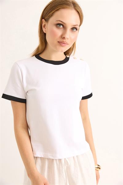 Bisiklet Yaka Kısa Kol Tshirt Beyaz