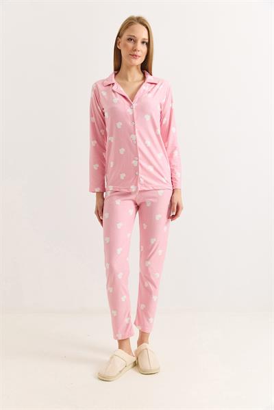 Kadın Pembe Pamuklu Polo Yaka  Beyaz Kalpli Pijama Takımı