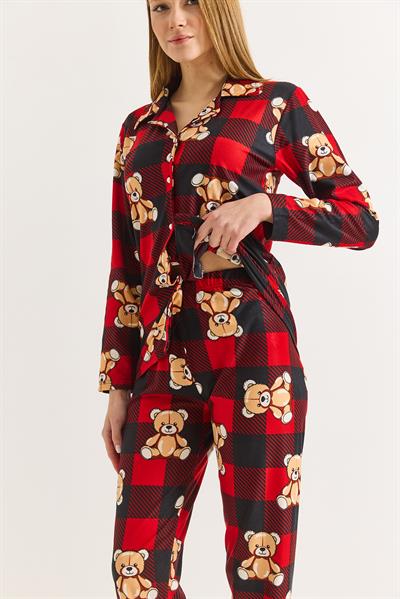 Kadın Kırmızı Pamuklu Polo Yaka Ayıcık Baskılı Polo Yaka Pijama Takımı 