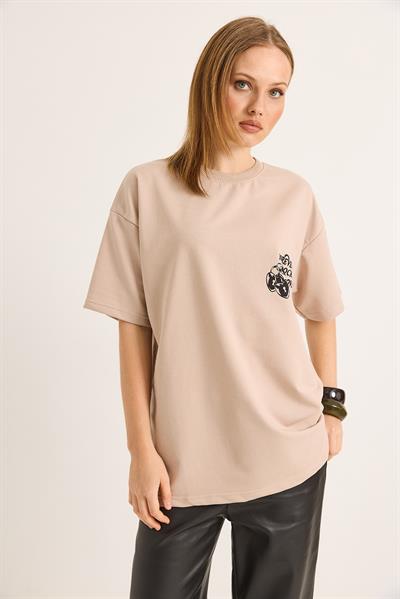 Baskılı Oversize İki İplik Tshirt Vizon