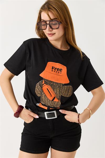 Kadın Free Happy Yazılı Bisiklet Yaka Tshirt
