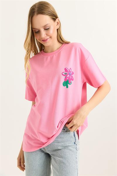 Baskılı Bisiklet Yaka Basic Tshirt Pembe