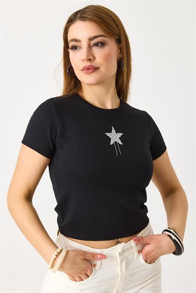 Kadın Kısa Kollu Yıldız Taşlı Crop Bluz Siyah