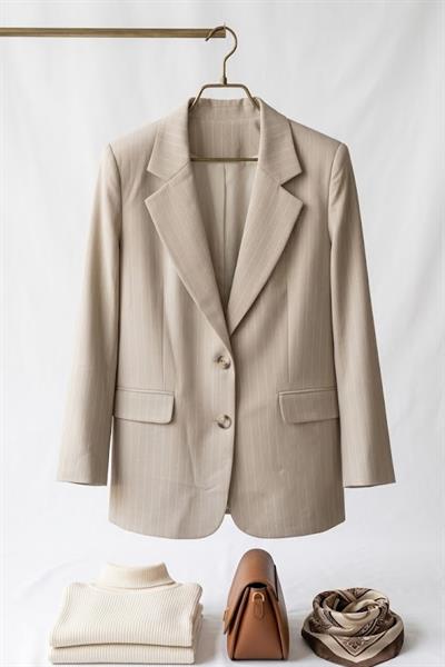 Kadın Çizgi Desen Blazer Ceket Vizon