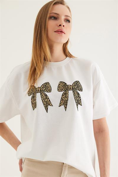 Kurdele Baskı Detaylı Basic Tshirt Beyaz