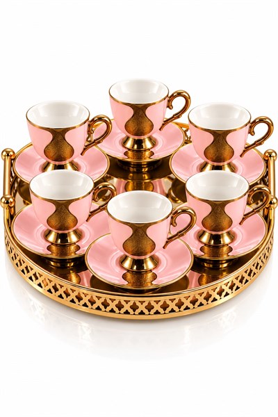 6lı Gold Damla Desenli Fincan Takımı Pembe