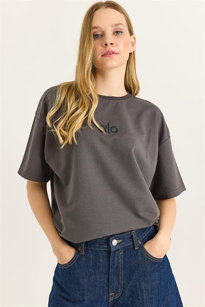 Alo Nakışlı Oversize Unisex Tshirt Füme
