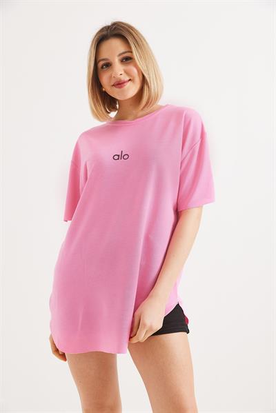 Eteği Oval Kesim Bisiklet Yaka Tshirt  Pembe