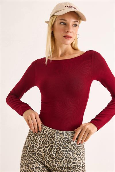 Geniş Yaka Rahat Uzun Kollu Bluz Bordo