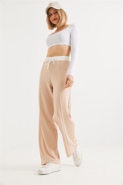 Beli Kalın Lasitkli Bol Paça Pantolon Vizon