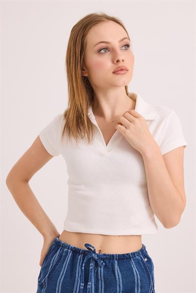 Polo Yaka Basıc Kısa Kollu Örme Kaşkorse Crop Bluz Beyaz