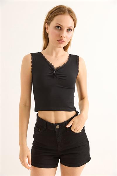 Güpürlü Büzgülü Crop Bluz Siyah