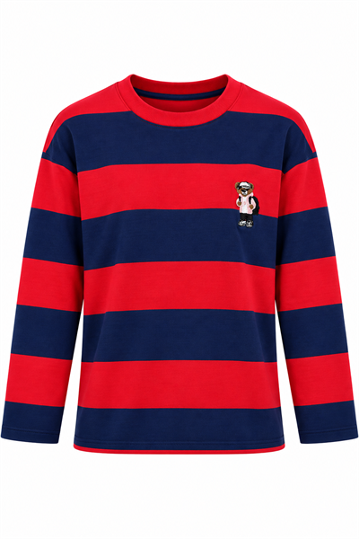 Kadın Uzun Kollu Çizgili Ayıcık Desenli Sweatshirt Kırmızı