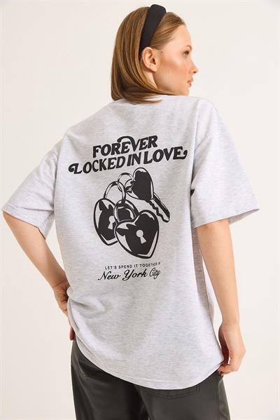 Baskılı Oversize İki İplik Tshirt Açık Gri