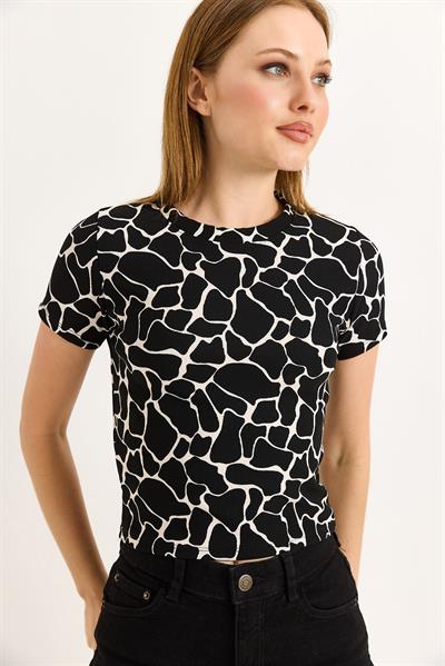 Geometrik Desen Kısa Kollu Bluz