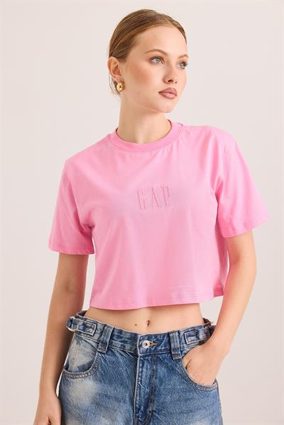 Nakışlı Örme Pamuk Crop Tshirt Pembe