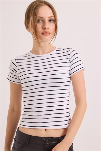 Kısa Kol Likralı Kompak Çizgili Tshirt Beyaz