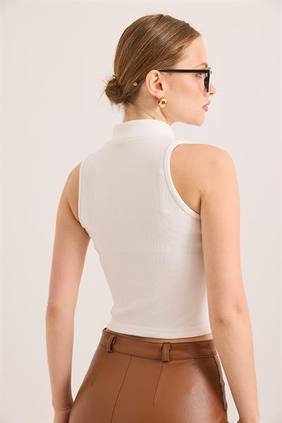 Fermuar Detaylı Fitilli Şık Örme Bluz Beyaz