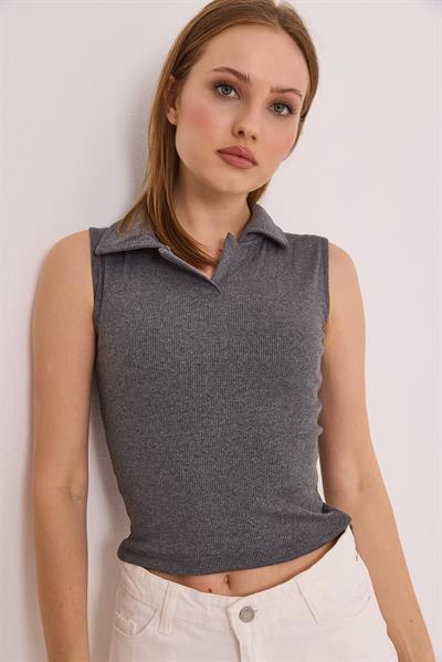 Sıfır Kol Polo Yaka Basıc Örme Kaşkorse Bluz Füme