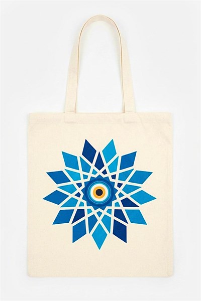 Kadın Nazar Boncuğu Tasarımlı Geometrik Mandala Desenli 40X32 Ölçülü Bez Omuz Çantası Mavi