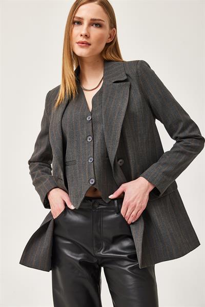 Oversize Kapaklı Cep Blazer Ceket Füme